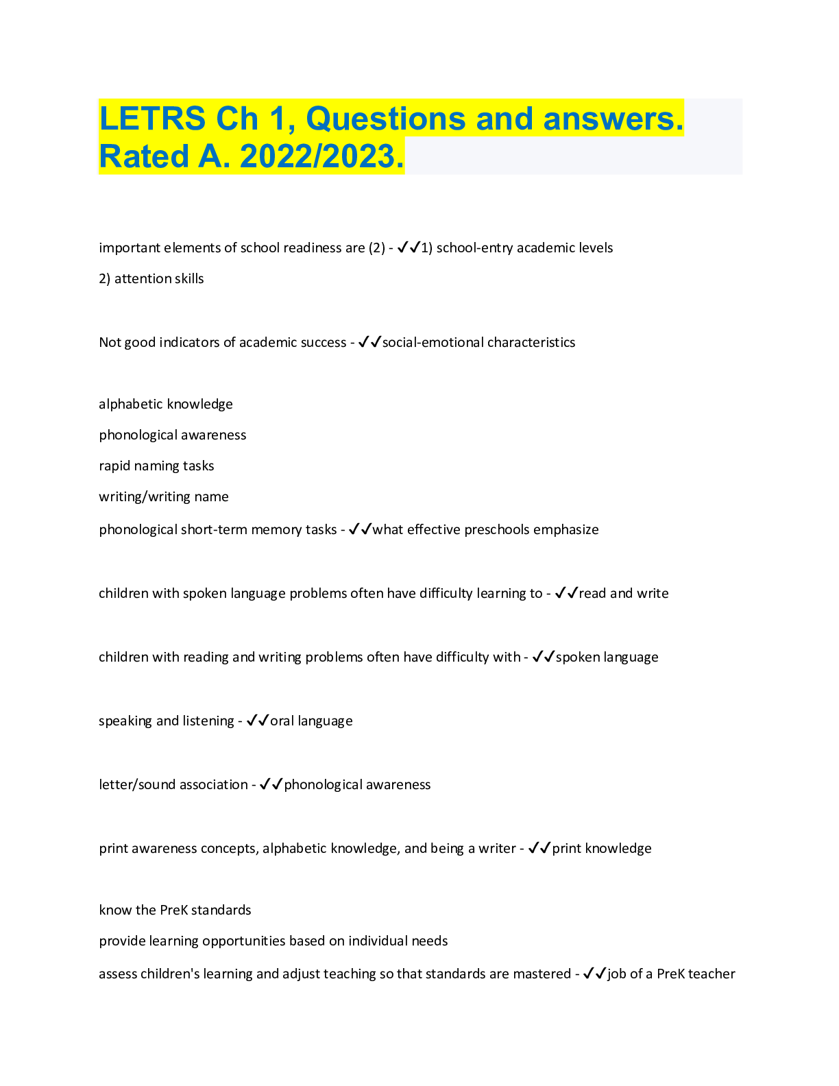 Preview of LETRS-Chapter-1_Questions and answers. Rated A. 2022/2023.